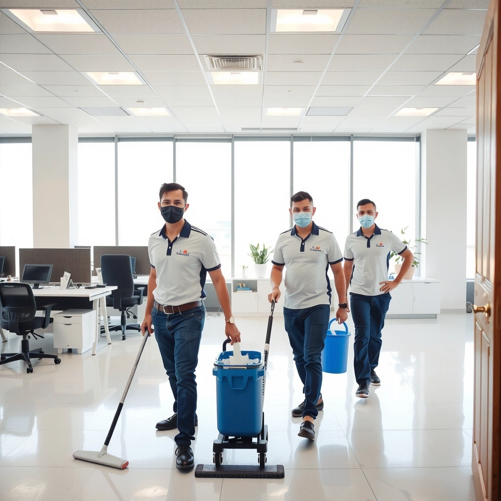 Professional cleaning service team working in modern office space
